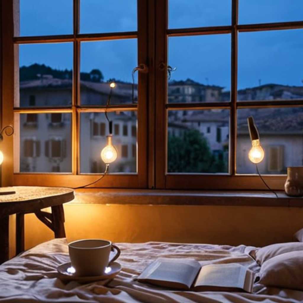 **

A cozy, dimly lit bedroom in Italy. String lights are draped artistically over a wooden bed frame. A steaming cup of herbal tea sits on a bedside table next to a partially read book. The window shows a calm night scene in a typical Italian town with soft, warm light spilling from the windows. Focus on creating a serene, inviting atmosphere.

**