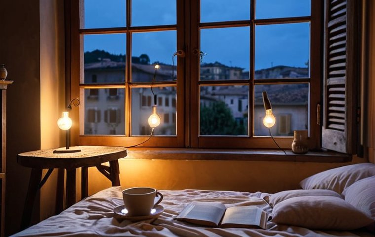 **
A cozy, dimly lit bedroom in Italy. String lights are draped artistically over a wooden bed frame. A steaming cup of herbal tea sits on a bedside table next to a partially read book. The window shows a calm night scene in a typical Italian town with soft, warm light spilling from the windows. Focus on creating a serene, inviting atmosphere.
**