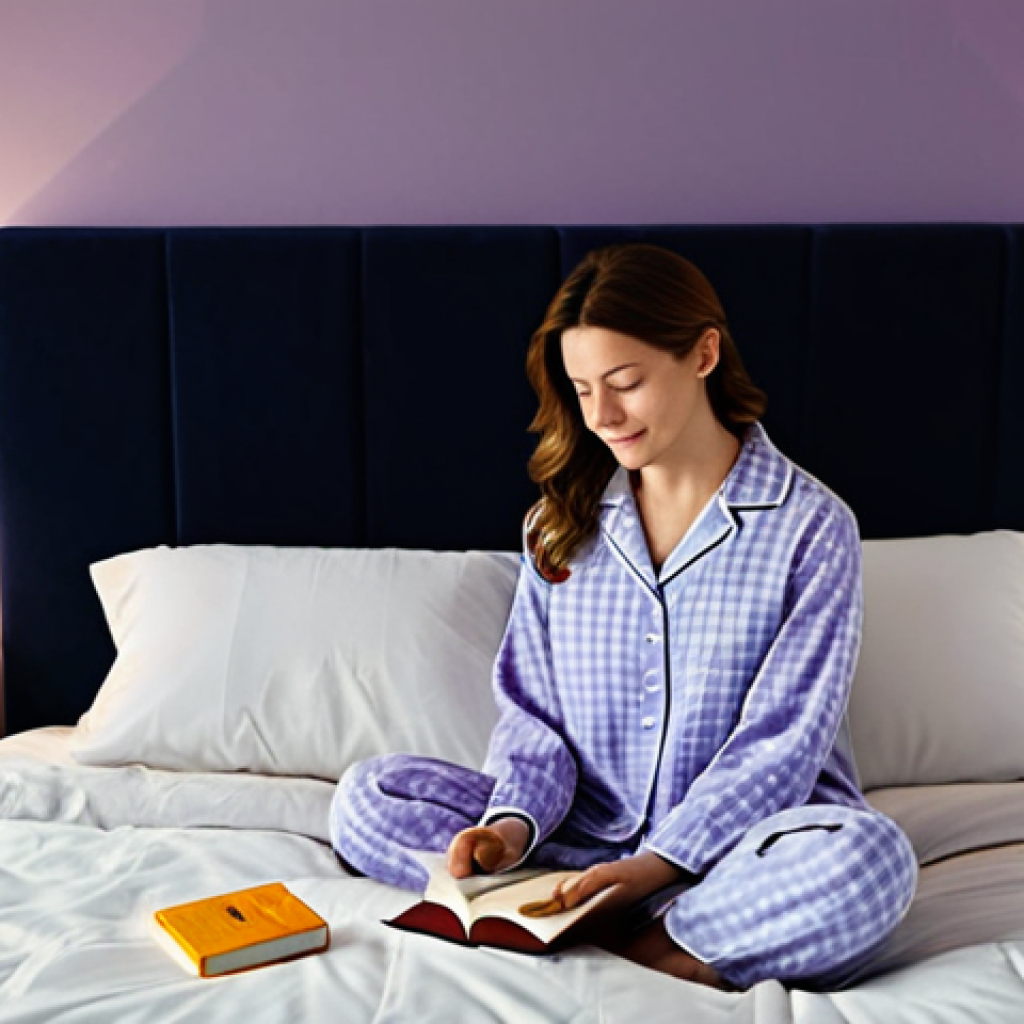 Relaxing Bedtime Routine**
A woman in pajamas sits on her bed, fully clothed in modest pajamas, sipping a warm glass of milk with honey. A book is open on her lap, and a bedside lamp casts a soft, warm glow. In the background, a diffuser emits lavender essential oil. The room is dark and quiet. Safe for work, appropriate content, professional, family-friendly, perfect anatomy, correct proportions, natural pose, well-formed hands, proper finger count, natural body proportions.
**