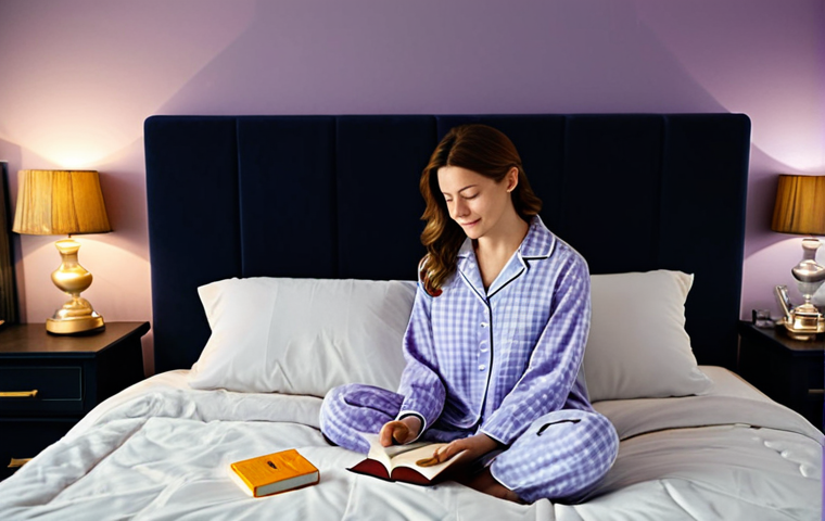 Relaxing Bedtime Routine**
A woman in pajamas sits on her bed, fully clothed in modest pajamas, sipping a warm glass of milk with honey. A book is open on her lap, and a bedside lamp casts a soft, warm glow. In the background, a diffuser emits lavender essential oil. The room is dark and quiet. Safe for work, appropriate content, professional, family-friendly, perfect anatomy, correct proportions, natural pose, well-formed hands, proper finger count, natural body proportions.
**