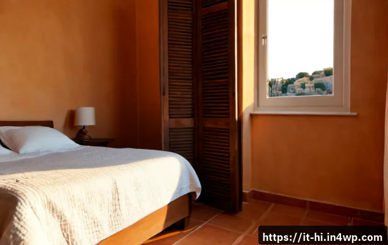 수면 개선을 위한 자연광 활용법 - Photorealistic Italian bedroom at sunrise, a middle-aged woman gently opening wooden shutters beside...